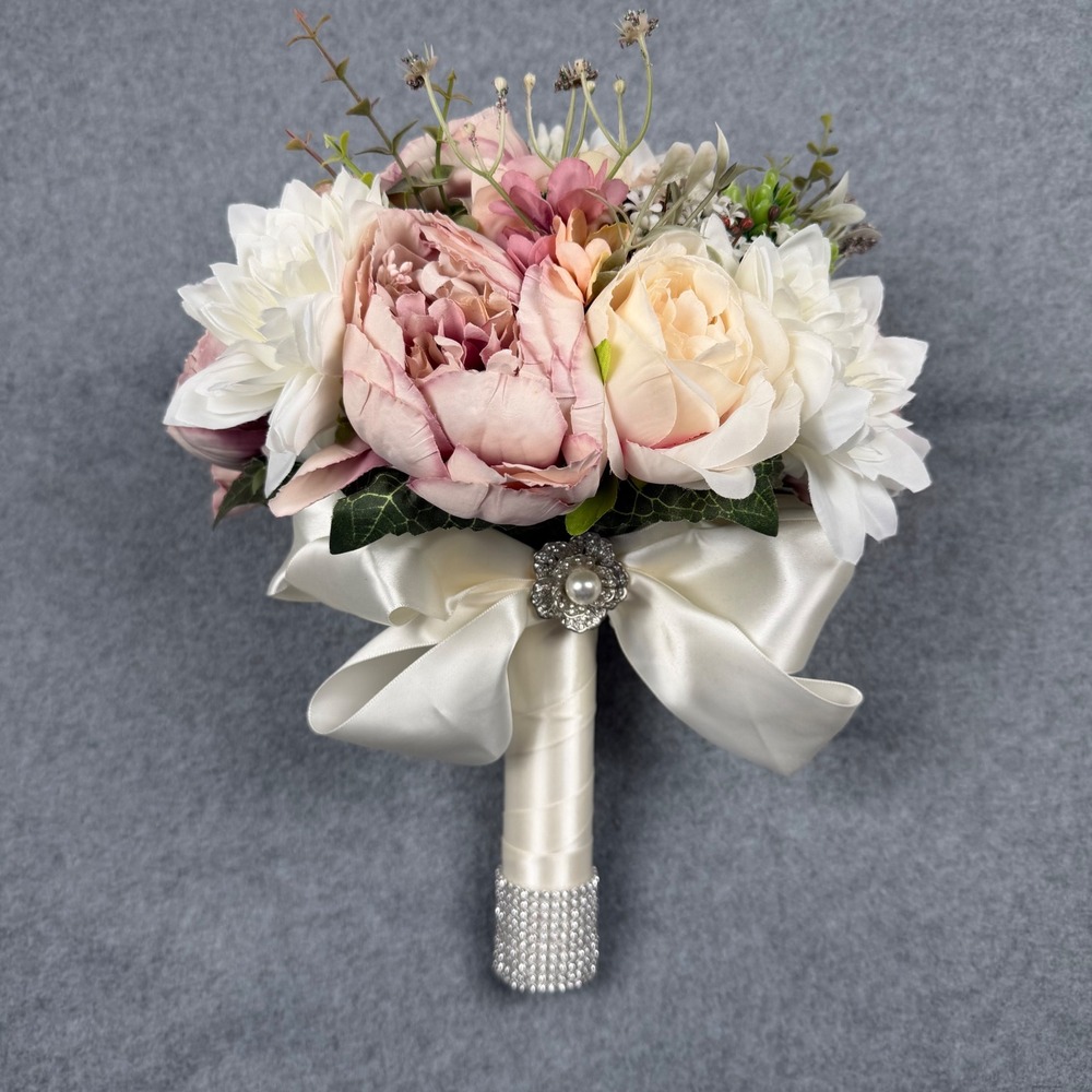 Pink Cream Silk Peony Bridal Bouquet Rhinestone Pearl Brooch Wedding Flowers